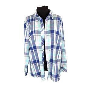 Talbots Petite Size P Large Button Up Top Shirt Blue Pink Plaid Long Sleeve EUC